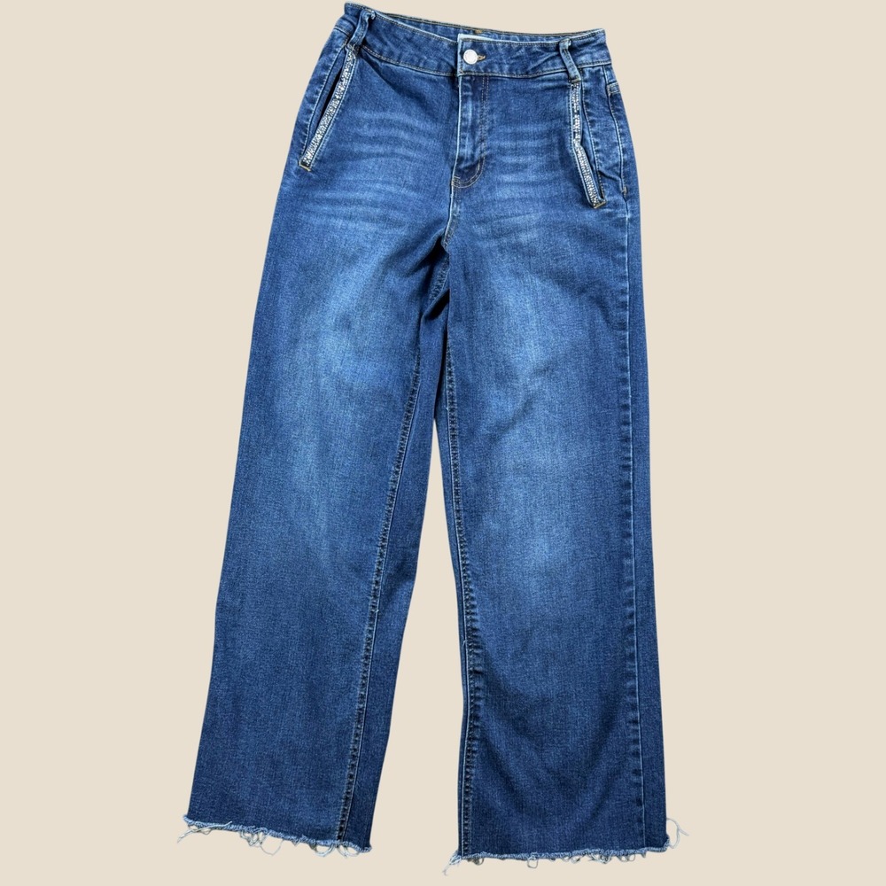 OAT‎ New York Wide Leg Jeans Womens 2/26 Blue Raw Hem Rhinestone Trim Glam Y2K
